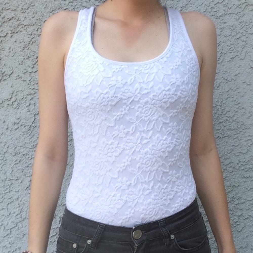 Ambiance Apparel White Floral Lace Tank Bodysuit